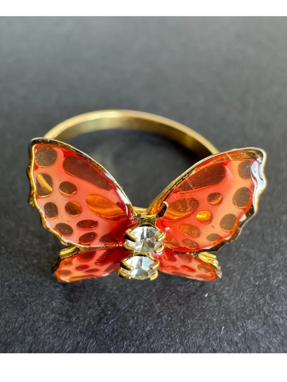 Vintage Glass Butterfly Adjustable Ring Gold Tone Rhinestone Costume Jewelry